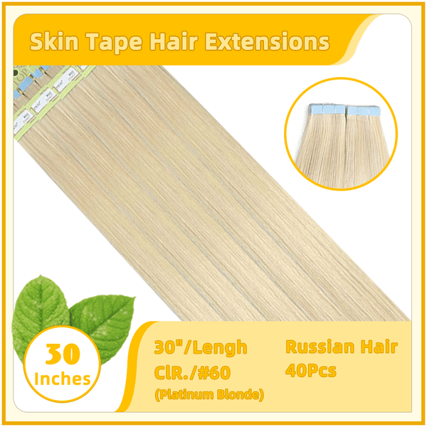 30"  #60 40 Pieces Skin Tape  Hair Human Russian Hair Extensions Platinum Blonde