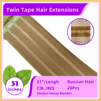 31" #25 20 Pieces Russian Hair Twins Tape Hair Extensions Golden Honey Blonde