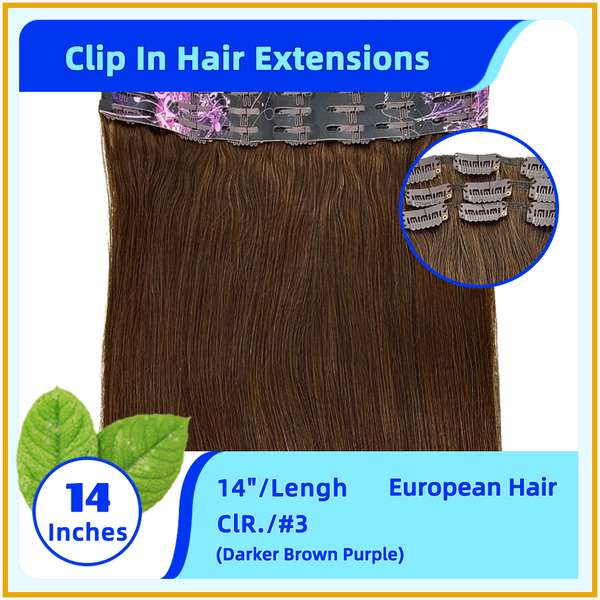 14" #3  European Hair Clip In Hair Extensions Darker Brown